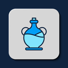 Filled outline Bottle of olive oil icon isolated on blue background. Jug with olive oil icon. Vector
