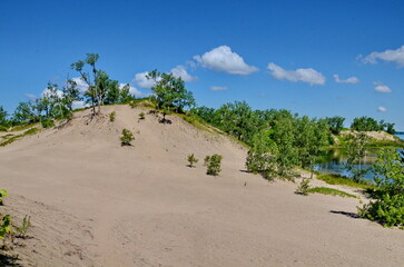 Fototapeta na wymiar Dunes Beach sand dunes at Sandbanks Provincial Park in Ontario, Canada. Sandbanks is the largest baymouth barrier dune formation in the world. It is located on Lake Ontario.