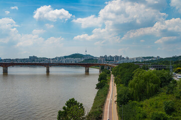 Han river , cloudy blue sky in Seoul City. South korea.