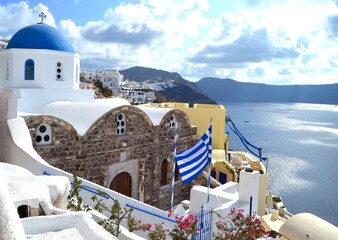 Greek Chuch and Flag, Santorini, Greece