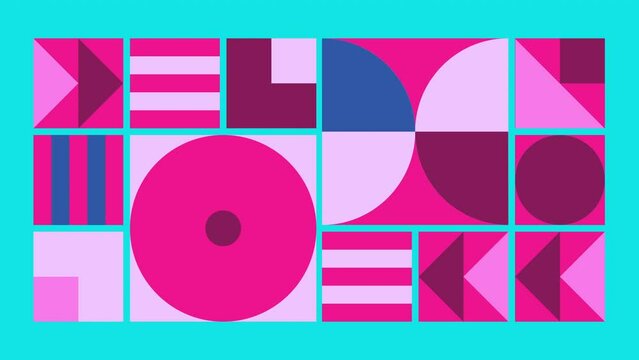 Geometric pattern loop. Circles, squares animation. Modernist abstract seamless background. Bauhaus Design style.