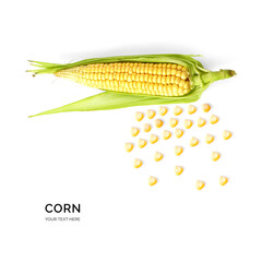Creative layout made of corn. Flat lay. Food concept. Corn on the white background.