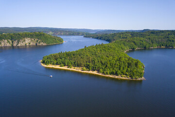 Fototapeta na wymiar Aerial view of Orlik reservoir. Popular holiday tourist destination. Orlik nad Vltavou, South Bohemia, Czech republic.