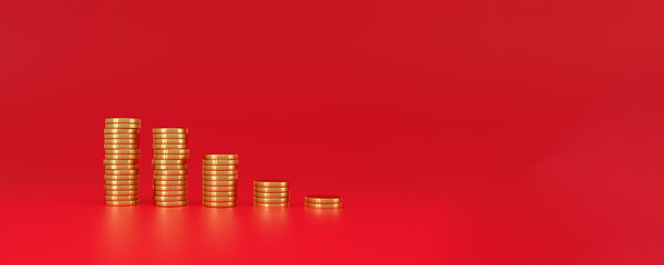 Coin stacks on panoramic red background. Financial market downturn, Inflation and stagflation...