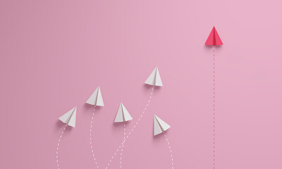 Innovator Paper plane changing route to improve. Businesswoman Disruption concept.