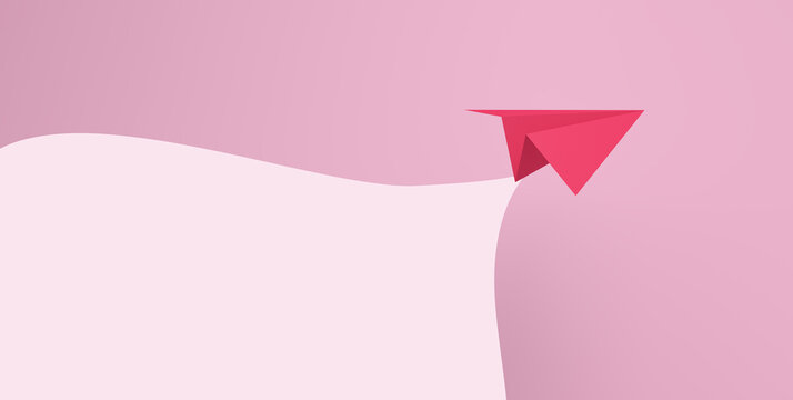 Pink paper airplane flying with cloud for design on pink background. Women's leadership concepts.