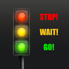 Vector 3d Realistic Detailed Road Traffic Lights Isolated on Black. Stop, Wait, Go Signal Sign. Safety Rules Concept, Design Template. Stoplight, Traffic Lights Icon, Banner