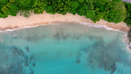 A very beautiful beach hidden in the jungle. View from above. Drone shot.