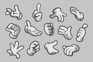 Retro Cartoon Gloved Hands Gestures. Cartoon Hands with Gloves Icon Set Isolated. Vector Clipart - Parts of Body, Arms in White Gloves. Hand Gesture Collection. Design Templates for Graphics
