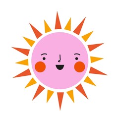 Vector illustration colored sun with smiling face. Yellow, pink and red color on white background. Funny sticker design, home wall decoration poster and apparel print template