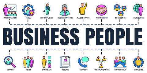 business people banner web icon set. team, search, outsource, support, communication, presentation and more vector illustration concept.