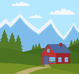 Cabin In The Mountains Landscape Vector Illustration In Flat Style