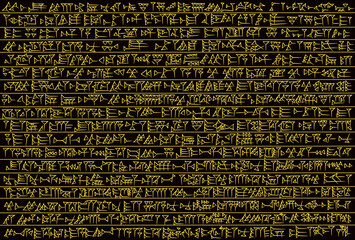 Ancient golden cuneiform sumerian alphabet pattern over black background. Ancient civillization and ancient culture concept