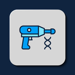 Filled outline Transfer liquid gun in biological laborator icon isolated on blue background. Vector
