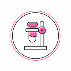 Filled outline Glass test tube flask on stand icon isolated on white background. Laboratory equipment. Vector