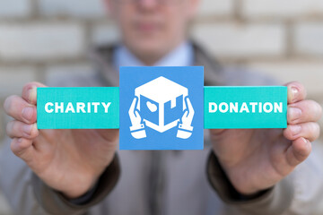 Concept of charity and donation. Donation of money, clothing, food, medicine.