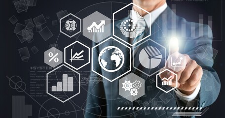 Businessman analyzing sales data, market report with economic growth chart, Business strategy and planning, Digital marketing and stock market analysis