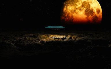 UFO画　宇宙空間のUFOと惑星　3DCG © eo