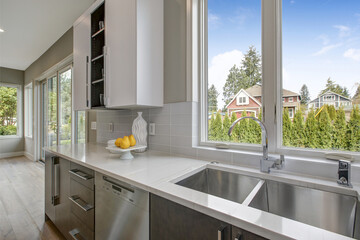 Luxury kitchen in a brand new home with double stainless steal sink.