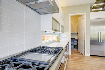 Luxury kitchen in a brand new home with grey shiny modern ceramic tiles and door open to pantry. 