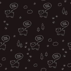 Cute black pattern with bear, trees, stars, text. Mommy seamless background. Textiles for baby, digital paper scrapbook.