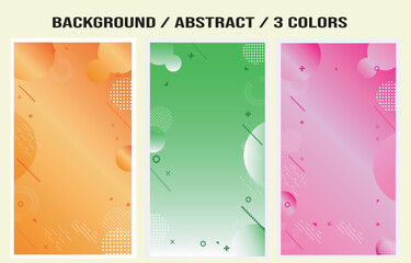 Abstract backgrounds set in orange, green and pink colors. It's all detailed with spheres and various cheerful figures. vector illustration.