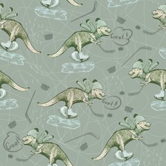 dinosaur on skates plays hockey.  drawing for the design of children's sites and clothes.