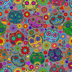 Day of the Dead skulls pattern. Mexican dead Cat. Dia de los muertos print. Day of the dead and Mexican tradition festival. Day of the dead sugar skull isolated. Dia de los Muertos tattoo skulls.