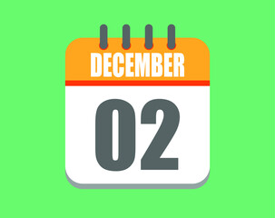 December day 2. Calendar icon for December. Vector illustration in orange and white on green background.