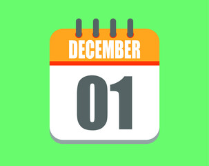 December day 1. Calendar icon for December. Vector illustration in orange and white on green background.