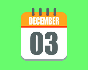 December day 3. Calendar icon for December. Vector illustration in orange and white on green background.