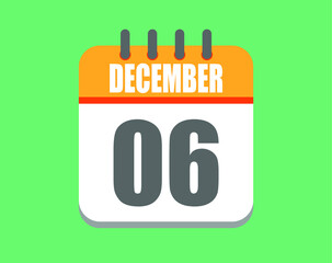 December day 6. Calendar icon for December. Vector illustration in orange and white on green background.