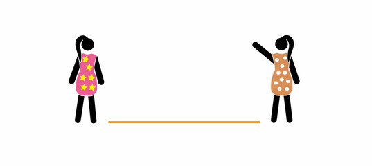 stick man women, pictogram of people, girls greeting each other at a distance, social distance, be safe, coronavirus