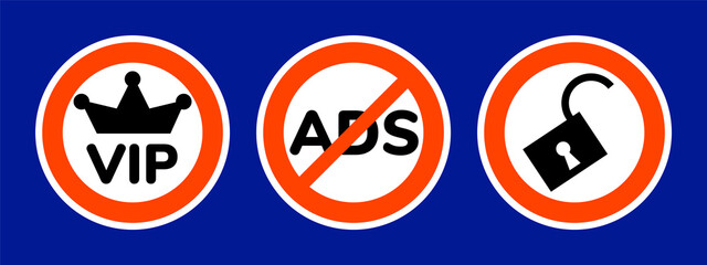 Set of GUI pictogram icon buttons for website or mobile game or application: VIP crown, no ads, remove advertisement, unlock. Web design UI clipart elements or stickers.Graphic user interface vector.