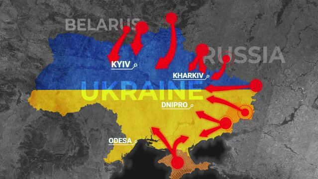 Ukraine map invasion attack war Animated map of Russia invasion of Ukraine, the movement of troops. as of February 24, 2022, UHD 4K 3D Renderd