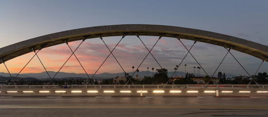 Keuken spatwand met foto Palm trees silhouetted against a beautiful sunset viewed through the 6th street bridge in Los Angeles © James