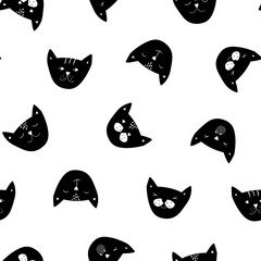 Seamless pattern with seals. A cat's head with different emotions. Vector graphics.