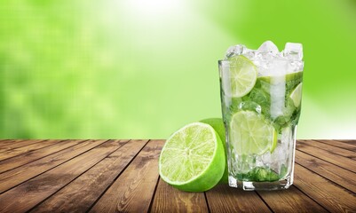 lemonade in glass. Summer refreshing drink. Cold detox water with lemon