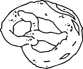 Tasty brezel for Oktoberfest celebration. Baked snack, bread for cafe, restaurant menu. Beer food for happy party people. Hand drawn illustration. Cartoon style line vector drawing.