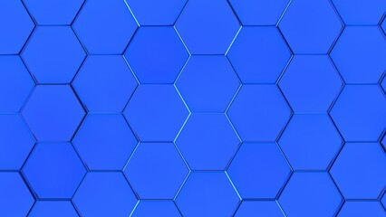 Obraz premium Abstract background with waves made of black futuristic honeycomb mosaic hexagon geometry primitive forms that goes up and down under blue back-lighting. 3D illustration. 3D CG. High resolution.