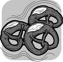 Tasty brezel for Oktoberfest celebration. Baked snack, bread for cafe, restaurant menu. Beer food for happy party people. Hand drawn illustration. Cartoon style line vector drawing.