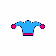 Filled outline Jester hat with bells isolated on white background. Clown icon. Amusement park funnyman sign. Vector