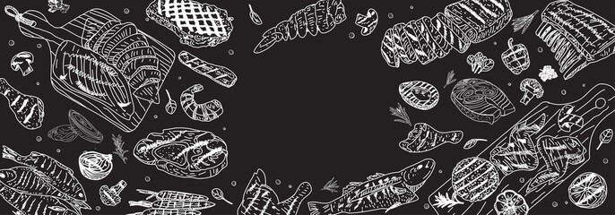 Grilled meat and vegetables. Top view design. Engraved design. Hand drawn illustration. For the design of the menu of cafes and restaurants, shop windows related to the theme of grilled food.