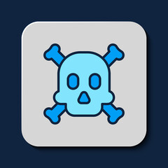 Filled outline Bones and skull as a sign of toxicity warning icon isolated on blue background. Vector
