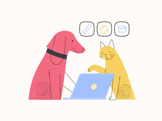 Easy shopping - Online shopping and electronic commerce series - modern flat vector concept illustration of pets doing an order online on laptop. Promotion, discounts, sale and online orders concept