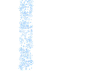 Obraz premium Winter frame with blue snowflakes for Christmas and New Year celebration. Horizontal winter frame on white background for banners, gift coupons, vouchers, ads, party events. Falling frosty snow.