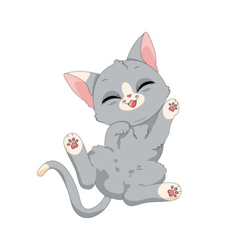 Ręcznie rysowany uroczy mały szary kotek. Wektorowa ilustracja zadowolonego, rozbawionego kota. Słodki, zabawny zwierzak. Obrazki dla dzieci.