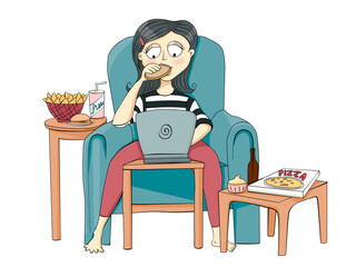 Mujer come y trabaja PNG