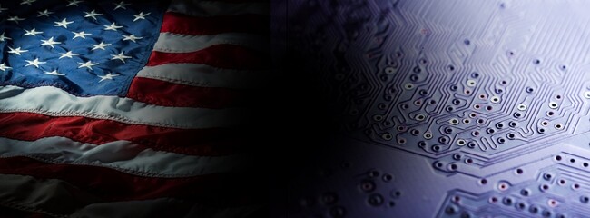 American microelectronics. USA national flag and electronic printed circuit board. Modern...