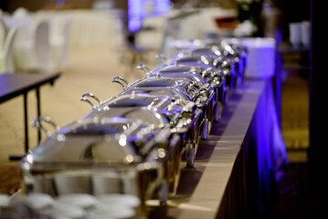 buffet food, catering food party at restaurant, mini canapes, snacks and appetizers
